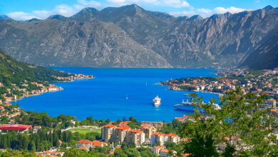 Panoramic view on Kotor, Montenegro on the sea with mountains