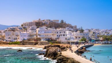 The stunning view of Naxos in Greece as tourists explore the coast