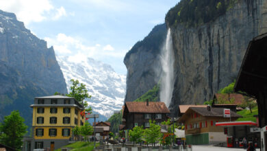 the Staubach waterfall thundering down the cliff face in Lauterbrunnen Valley